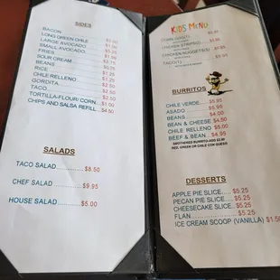 Food menu: sides, salads, kid's, burritos, &amp; desserts.