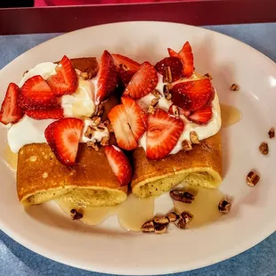 Healthy Greek Pancakes (Pancakes, Greek Yogurt, Honey, Strawberries and Pecans) at Broadway Diner