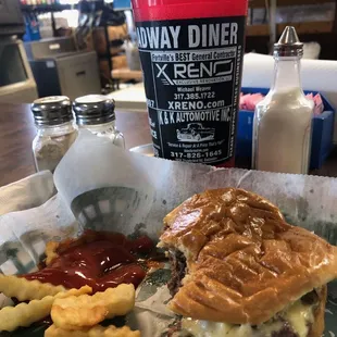 Mushroom Swiss Burger and Fries.  Dry and lacked taste.  The toasted bun was the highlight.