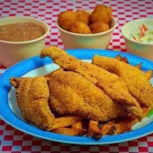 Catfish and Shrimp with all homemade sides, pinto beans, coleslaw,  hush puppies and fresh cut french fries every Friday &amp; Saturday