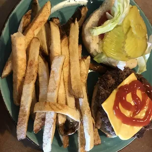 Hubby's burger with all the veggies missing(except pickles). Just the way he ordered it. The fries are PERFECT!