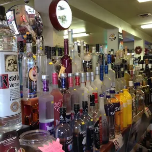 a variety of liquor bottles