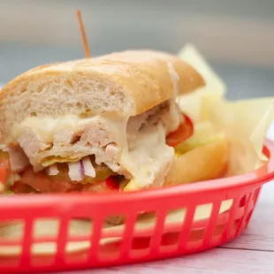 a closeup of a sandwich in a basket
