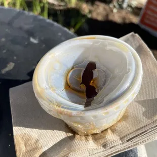 The lid of the roast beef dipping sauce melt due to the sauce being so hot. Also the cashier spilled it over our food ruining everything.