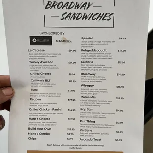 Broadway Sandwich menu