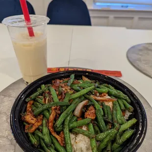 $10 chicken and string bean lunch special togo with green milk tea.