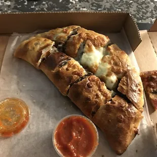 Steak and Cheese Calzone- delicious and perfectly soft but I would add onions and green peppers!