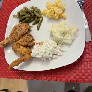 Broasted chicken, Green Beans SM, Mac $ Cheese SM, Potato Salad SM and Coleslaw SM