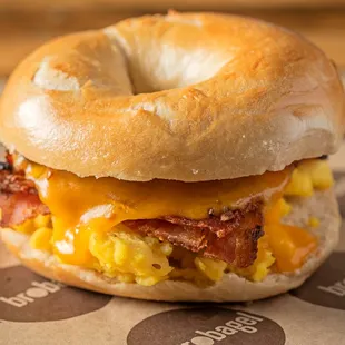 bacon, eggs, and cheese on a bagel