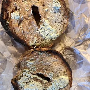 Crappy burnt bagel and cream cheese