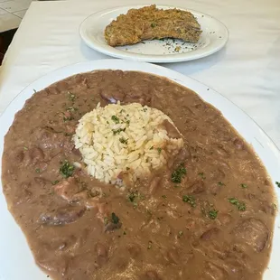 Monday&apos;s Special Red Beans and Rice with a Fried Pork Chop.