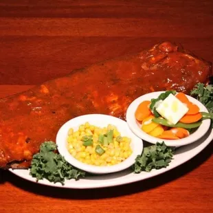 Smoked Memphis Style Ribs with fresh corn and vegetable medley