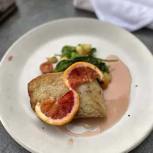 Pan seared local Sea Bass with Blood Orange