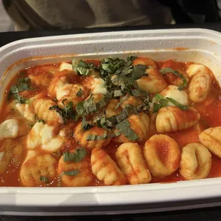 Gnocchi sorrentina. Gnocchi with pomodoro sauce, fresh mozzarella, and basil.