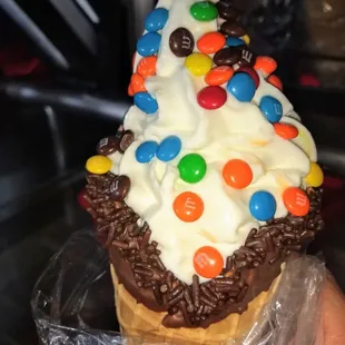 Chocolate dipped waffle cone.