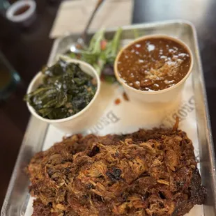 Pulled pork, greens, baked beans