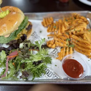 Freeport Burger w waffle fries, comes w two patties, really greasy