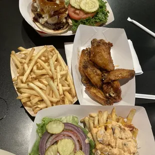 Hawaiian Burger, BBQ wings, grilled chicken w/buffalo fries all 4/5