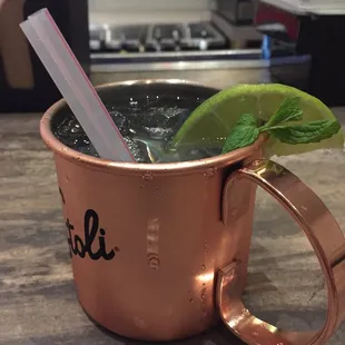 a moscow mule in a copper mug
