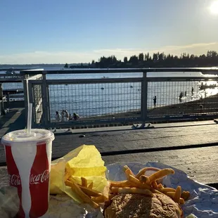 Bacon Cheeseburger with a side of fries and soda.