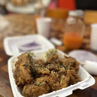 Furikake Garlic Chicken ($14.99) and Blood Orange Mango Lemonade ($9.99)