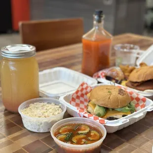 Avocado Burger sub kimchi on the side and lilikoi guava punch; Animal Burger fries, side of tuna Mac salad
