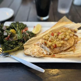 Hog fish with broccolini and spinach