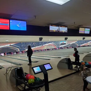 a bowling alley with bowling lanes
