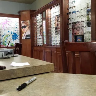 Wall of glasses not a huge variety.  The girl at front desk is awesome .
