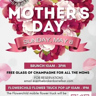 Reach out to events@brokenbarrelbar.com to make your Mother&apos;s Day reservation! Free glass of bubbles for all the moms!