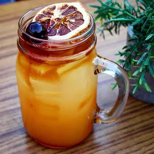a drink in a mason jar