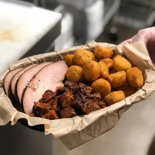 smoked turkey, burnt ends, jalapeno cheddar tots