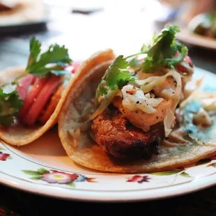 Shrimp, fried chicken tacos