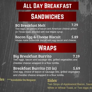 All Day Breakfast Menu: Tues-Sunday 11am-1pm