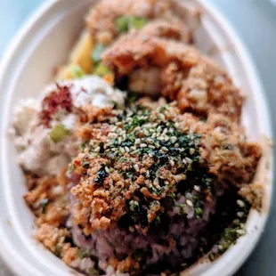 Purple rice showered with garlic.