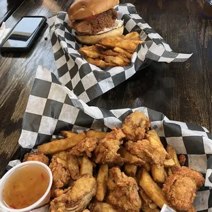 fish sandwich and fried oyster lunch