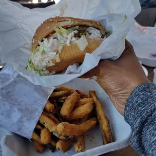 Turkey Burger and zucchini fries. Extra everything on the burger