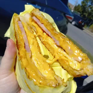 Ham and egg with cheese on grilled sourdough