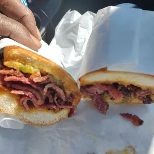 MY 10.00 Pastrami sandwich Smh.... It's actually  OK..... that's it! 79 cent to grill the meat.  The little they put on this fatty pastrami