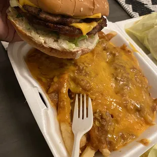 Double cheeseburger and chili cheese fries
