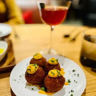 Croquetas de bacalao (con turmeric mayonesa) = yum!  | "Not So Shirley Temple" (special cocktail)