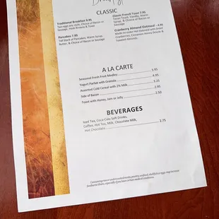 Breakfast menu