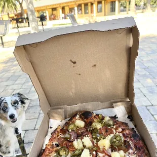 My favorite kinda pizza: Slice with linguica, pineapple, garlic, and jalapeño toppings. Savory, sweet, and spicy!!!