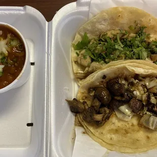 Grilled chicken taco, mushroom taco, and cowboy pinto beans