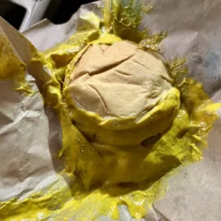 One of two in the Hamburger Combo, both drenched in mustard