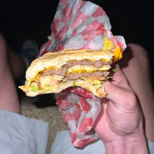 a hand holding a sandwich