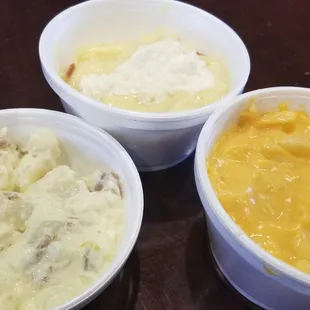 Sides (L-R): potato salad, banana pudding, mac-n-cheese