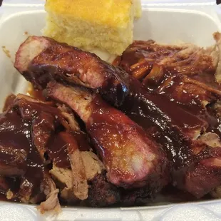 Bronco platter: ribs, brisket, pulled pork