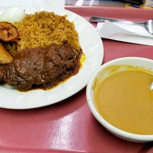 So amazing.  Spicy peanut soup, rice, beef, boiled egg and plantains.   Every single bit of this was good.