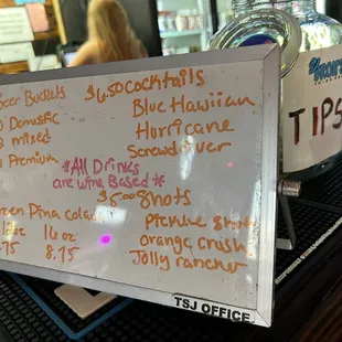 Drink menu at the bar